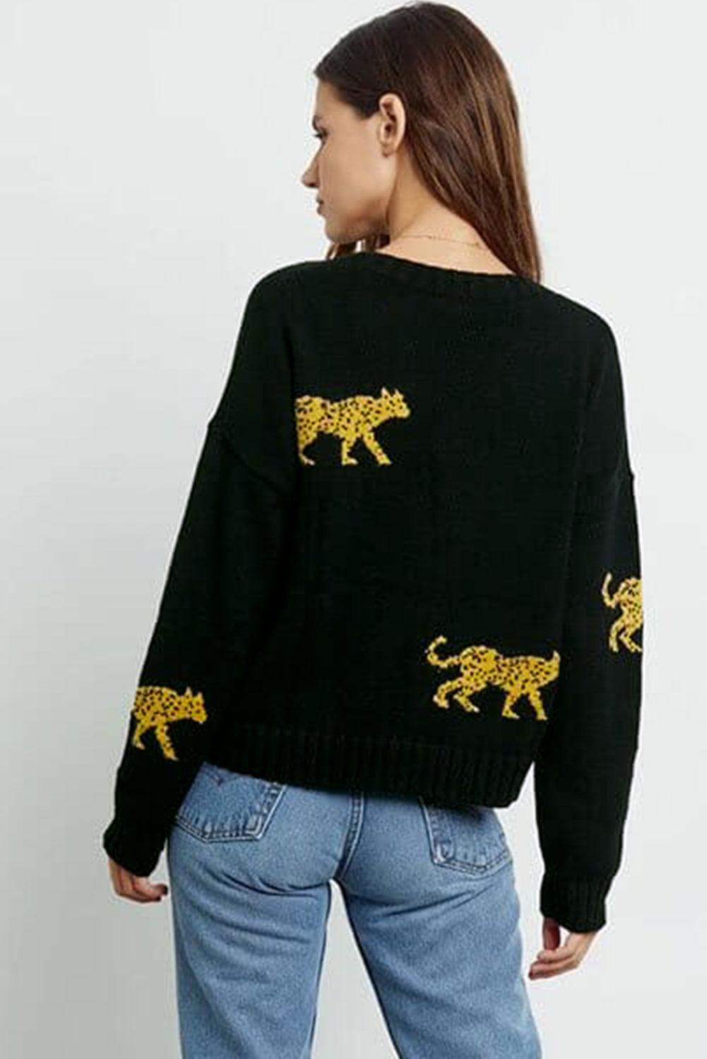 Black Cheetah Pattern Knit Round Neck Sweater - L & M Kee, LLC