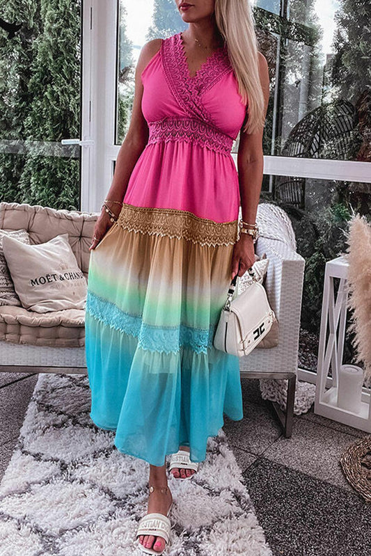 Multicolor Lace Stitching Gradient Rainbow Long Dress - L & M Kee, LLC