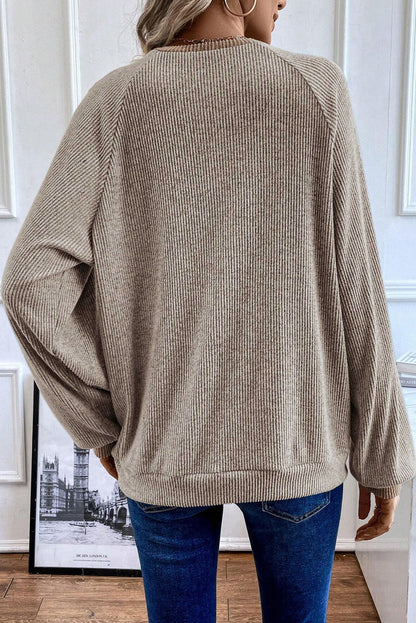 Light Grey Color Contrast Ribbed Loose Fit Long Sleeve Top