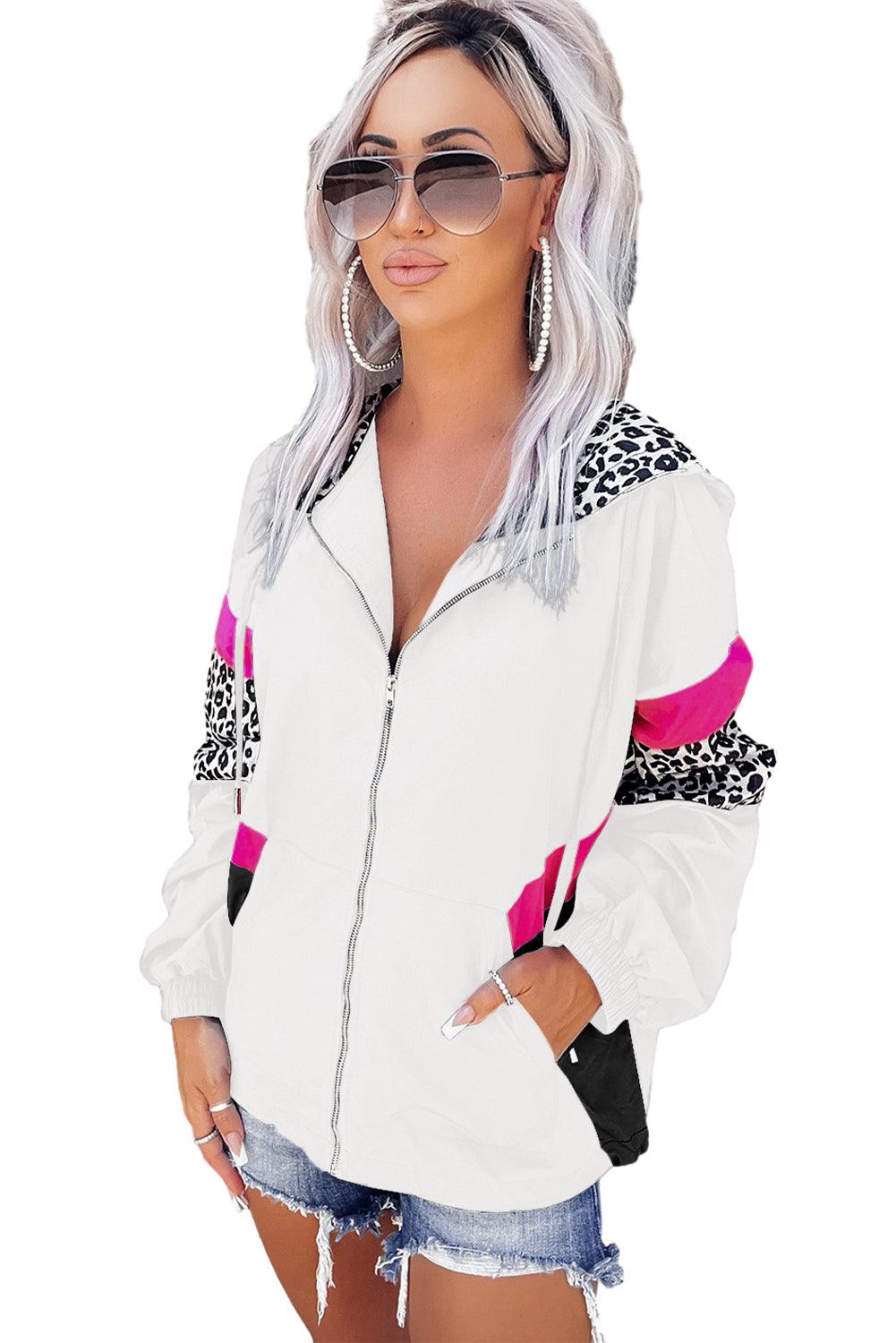 White Leopard Color Block Pockets Zip-up Hooded Jacket - L & M Kee, LLC