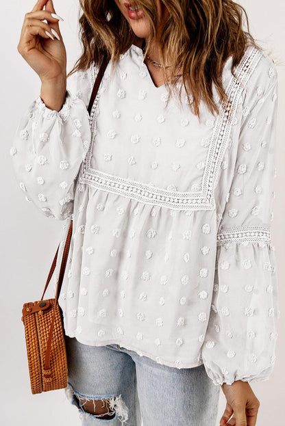 Blue Ruffled Split Neck Lace Hollow Out Puff Sleeve Polka Dot Blouse - L & M Kee, LLC