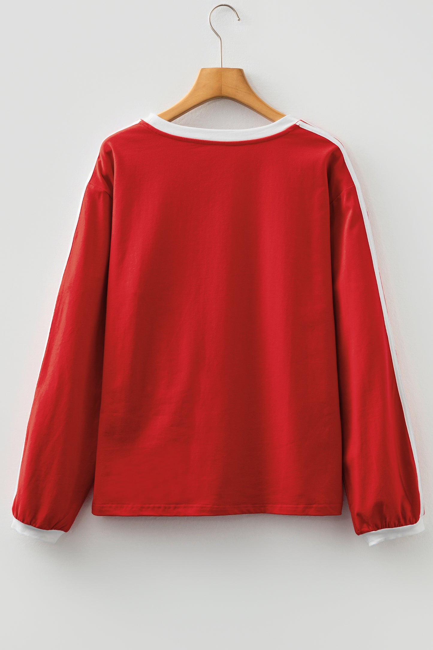Fiery Red Varsity Striped Accent Contrast Crew Neck Long Sleeve T Shirt