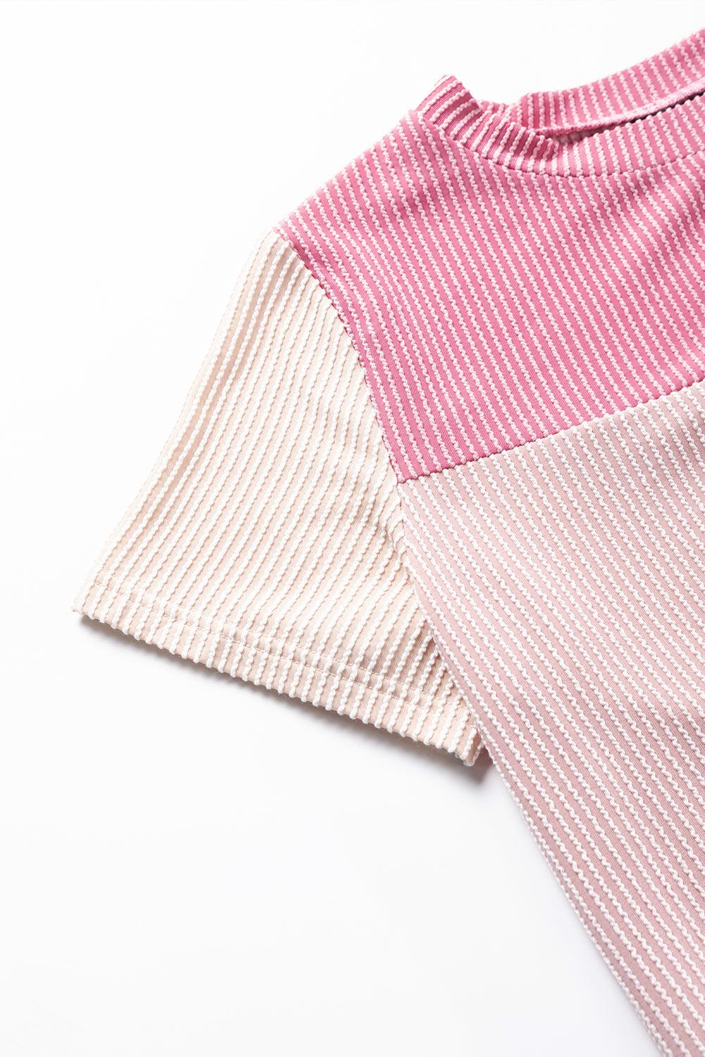 Pink Rib Textured Colorblock T Shirt