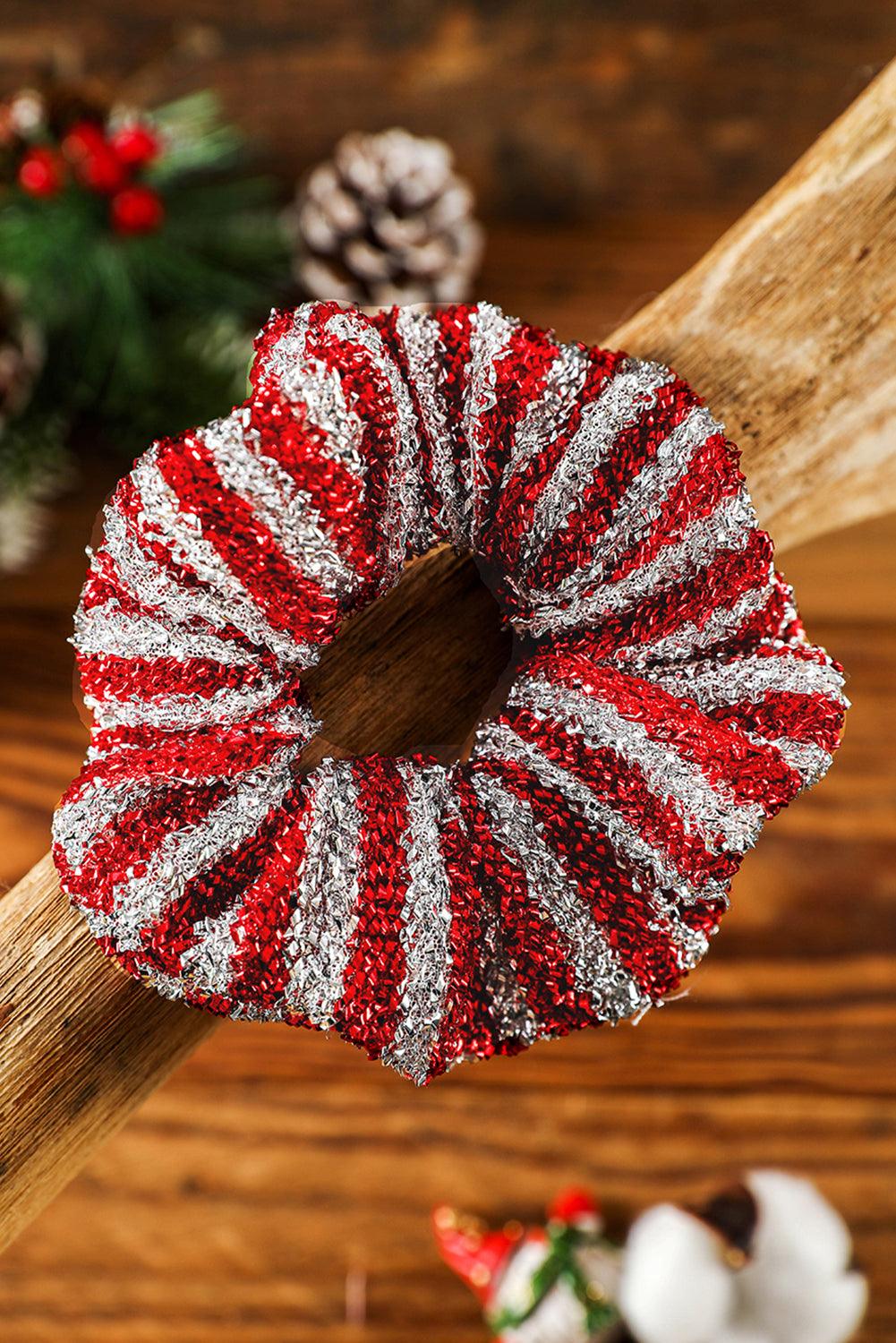 Fiery Red Glitter 2-tone Stripes Christmas Hair Tie - L & M Kee, LLC