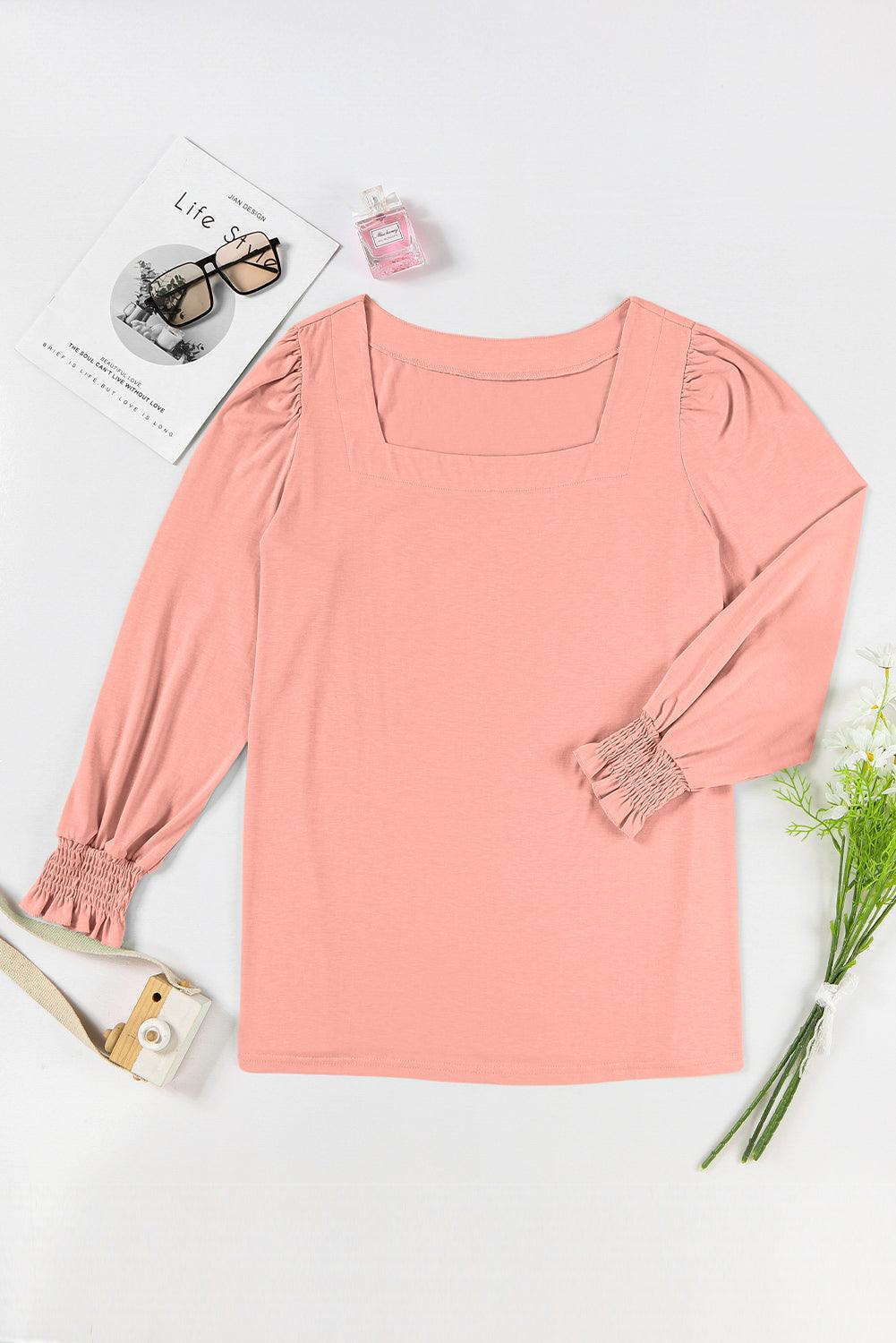 Pink Plus Size Square Neck Flounced Sleeve Top - L & M Kee, LLC