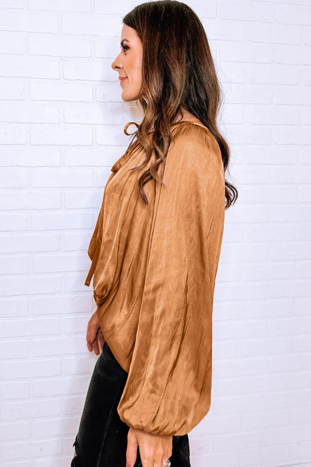 Camel Satin Pleated Tied V Neck Puff Sleeve Blouse - L & M Kee, LLC