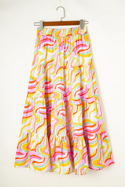 Pink Abstract Print Tiered Flowy Maxi Skirt - L & M Kee, LLC