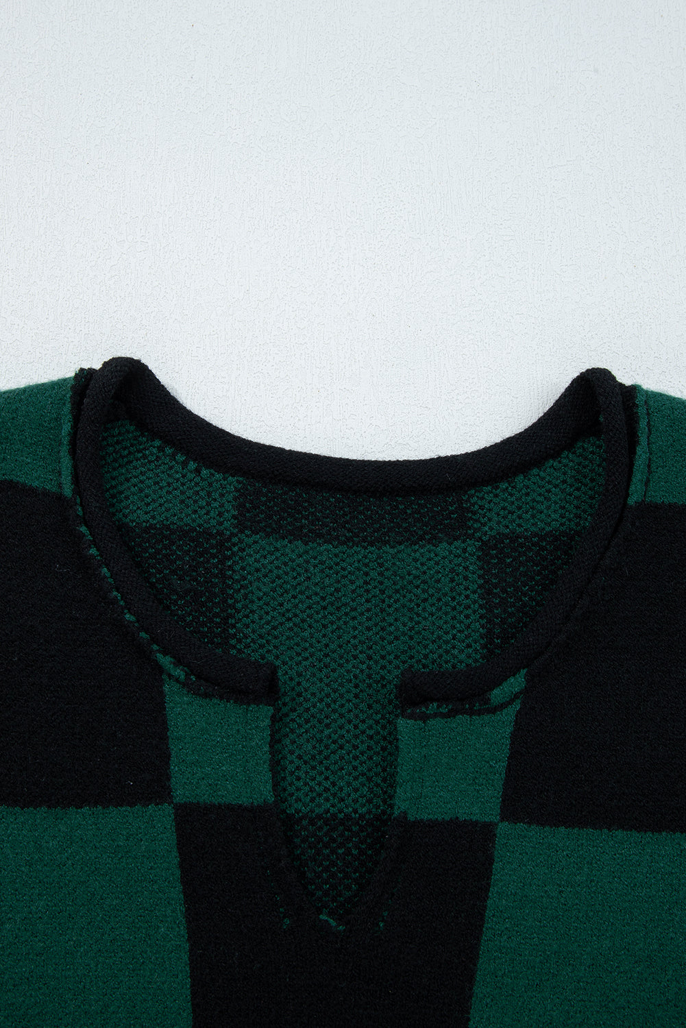Green Checked Notched Neckline Drop Shoulder Knit Sweater