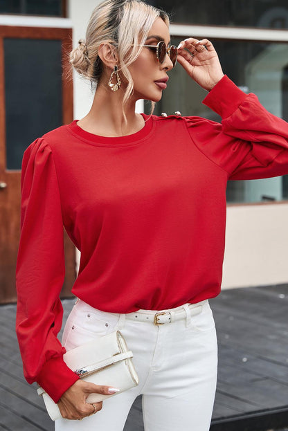 Rose Tan Button Tab Detail Long Sleeve Top - L & M Kee, LLC