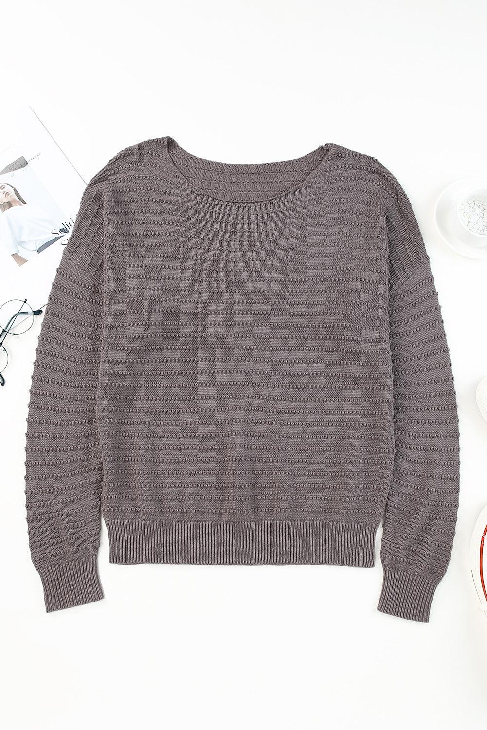 Gray Textured Knit Round Neck Dolman Sleeve Sweater - L & M Kee, LLC