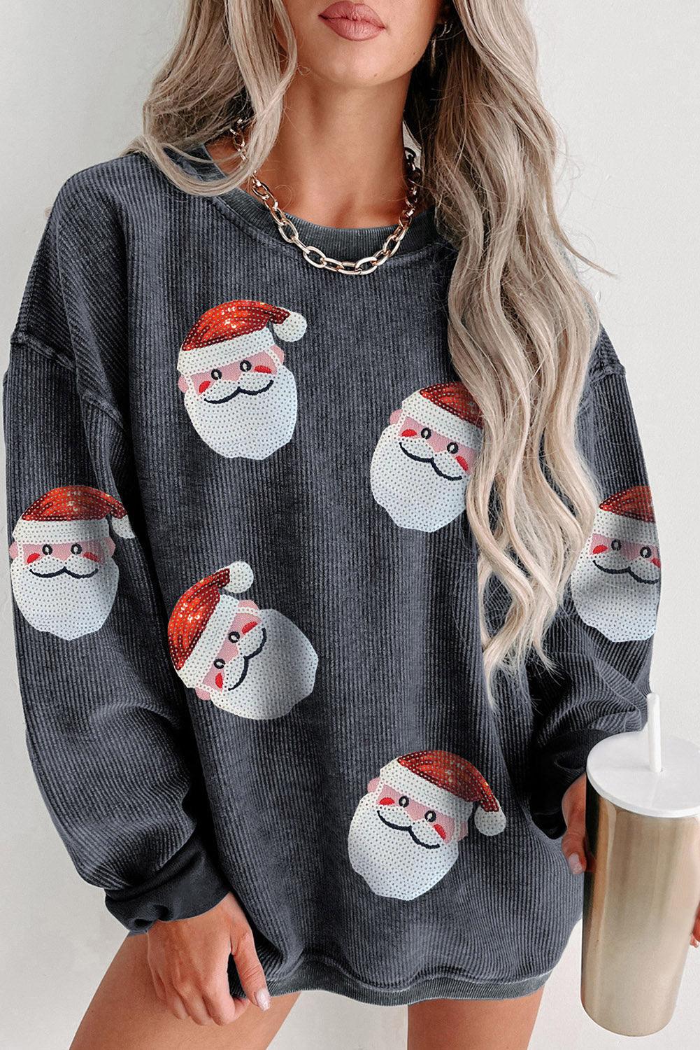 Gray Sequined Santa Claus Corded Christmas Sweatshirt - L & M Kee, LLC