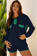 Navy Blue Color Block Patchwork Half Button Pullover and Shorts 2pcs Outfit