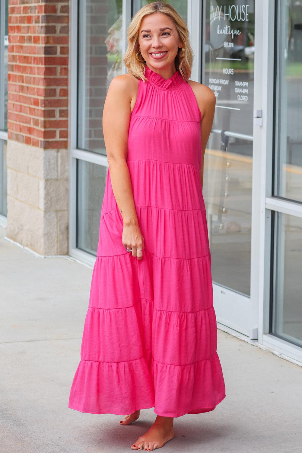 Rose Red High Frilled Neck Tiered Sleeveless Maxi Dress - L & M Kee, LLC