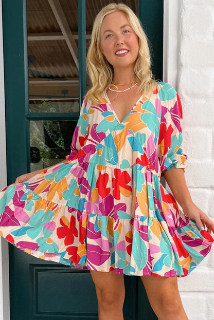 Multicolour Floral Tiered V Neck Plus Dress - L & M Kee, LLC