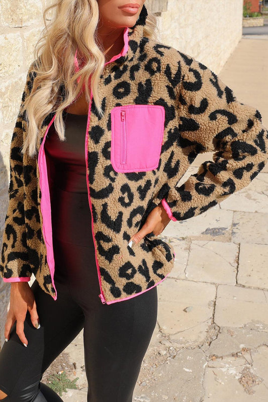 Leopard Colorblock Pocket Zipper Fuzzy Fleece Jacket - L & M Kee, LLC