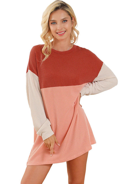 Black Color Block Long Sleeve Ribbed Loose Top - L & M Kee, LLC