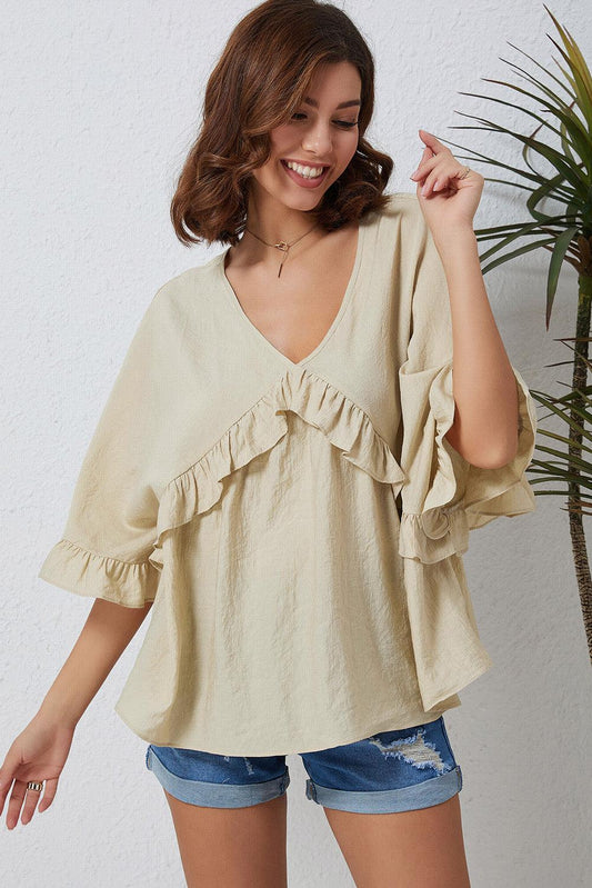 V Neck Draped Batwing Sleeve Ruffle Top - L & M Kee, LLC