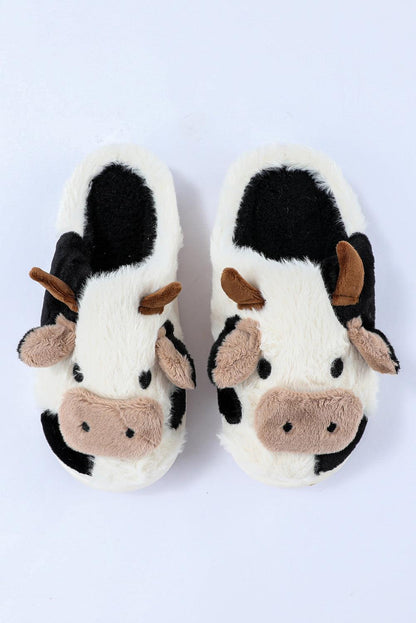 White Cartoon Animal Cow Plush Slippers - L & M Kee, LLC