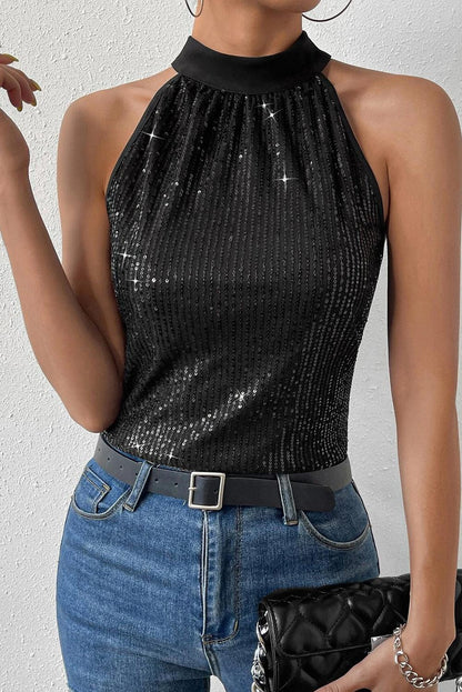 Black Keyhole Tie Back Sequined Tank Top - L & M Kee, LLC