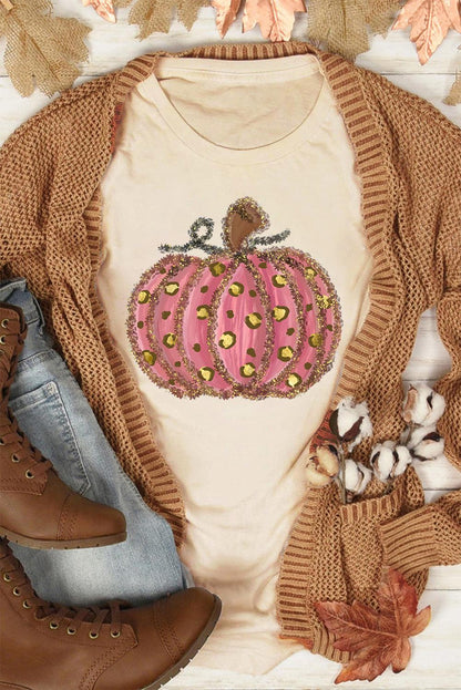 Khaki Cheetah Pumpkin Print Round Neck T Shirt - L & M Kee, LLC