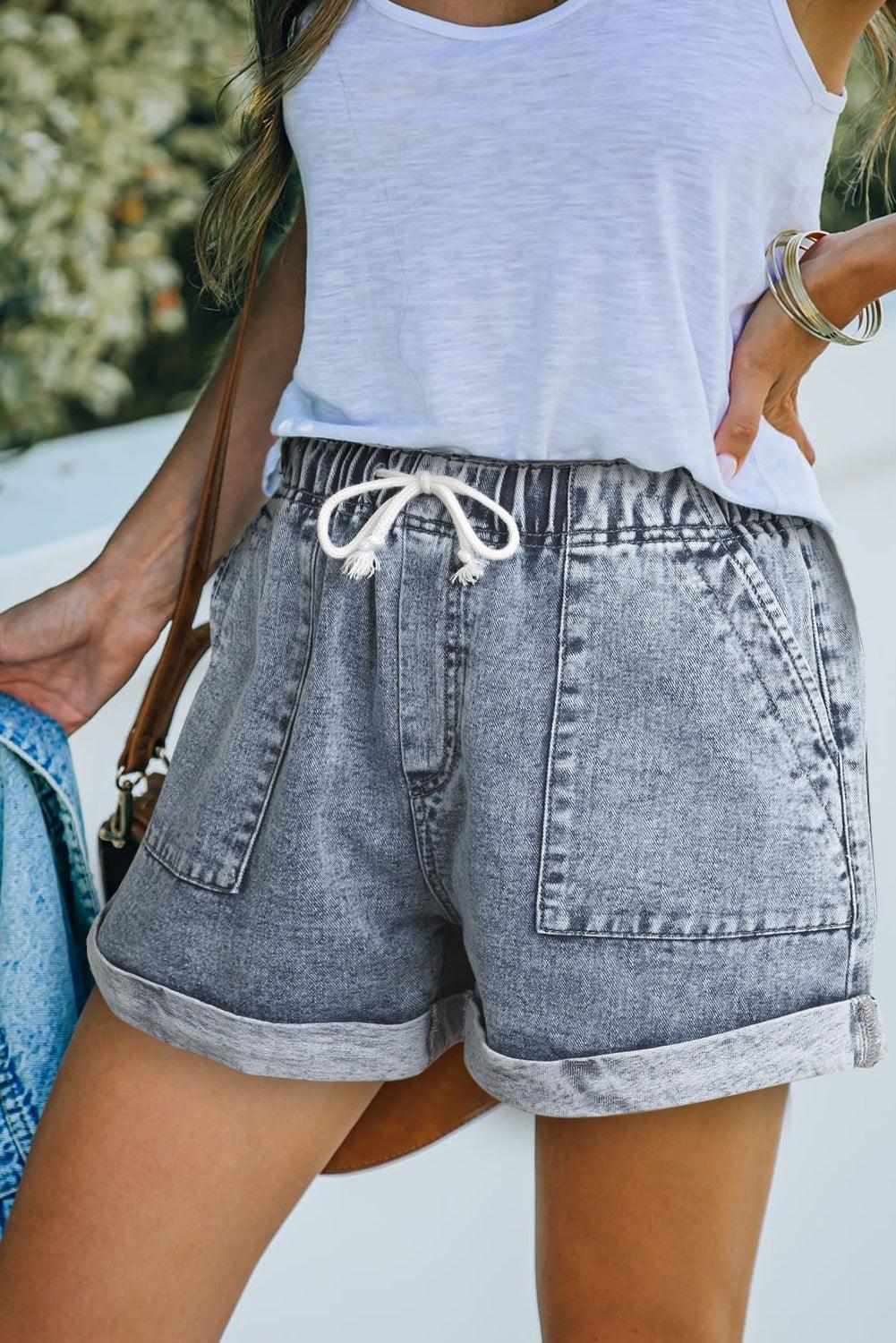 Pocketed Drawstring High Waist Denim Shorts - L & M Kee, LLC