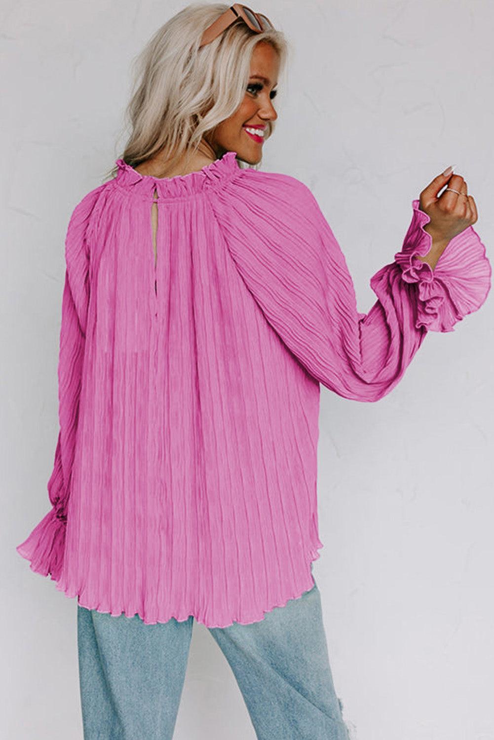 Green Striking Pleated Flared Cuff Long Sleeve Blouse - L & M Kee, LLC