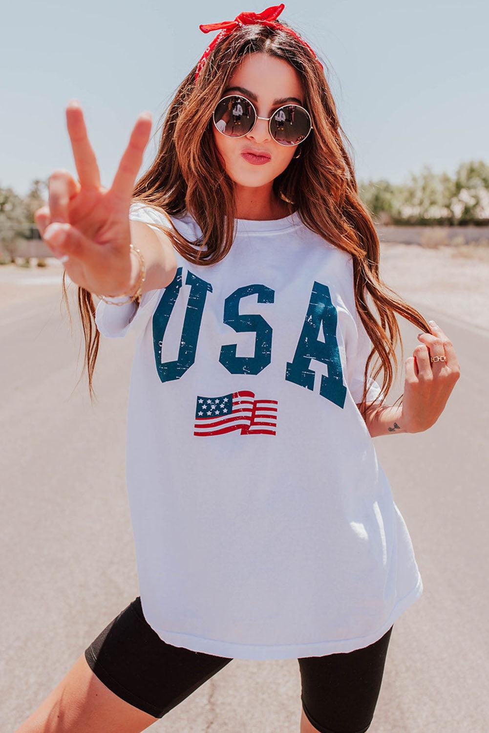 White USA Flag Graphic Oversized Tee - L & M Kee, LLC