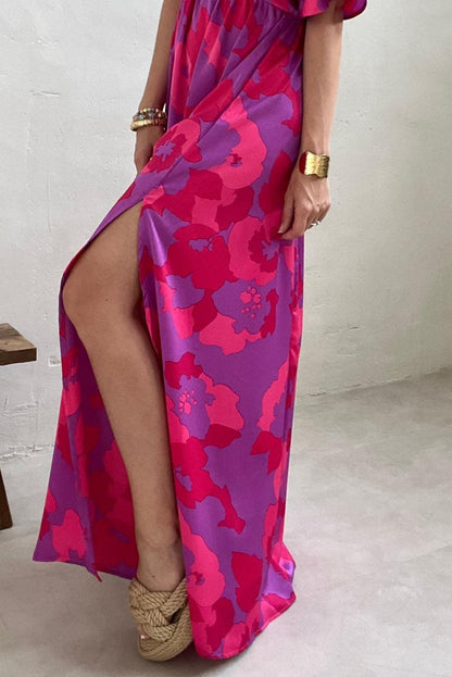 Abstract Floral Print V Neck Dolman Maxi Dress - L & M Kee, LLC