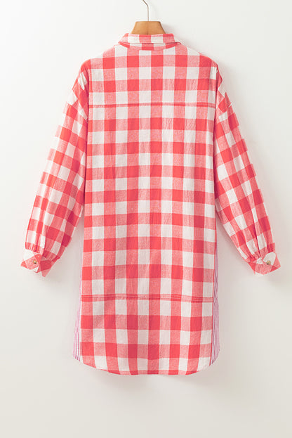 Pink Oversized Plaid Puff Sleeve Round Hem Shirt Dress