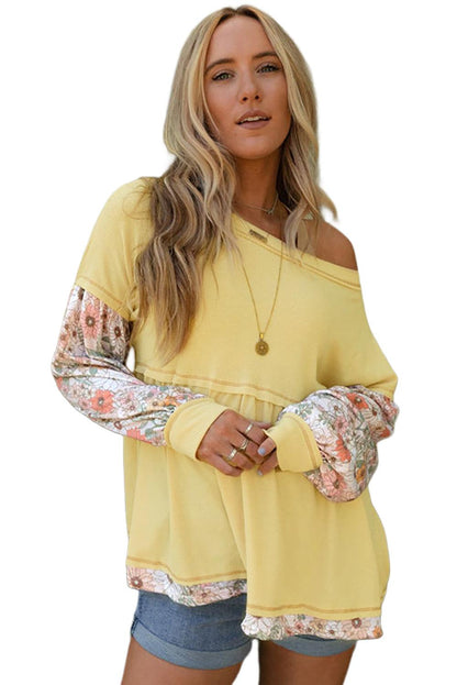 Yellow Floral Patchwork Waffle Knit Babydoll Blouse - L & M Kee, LLC