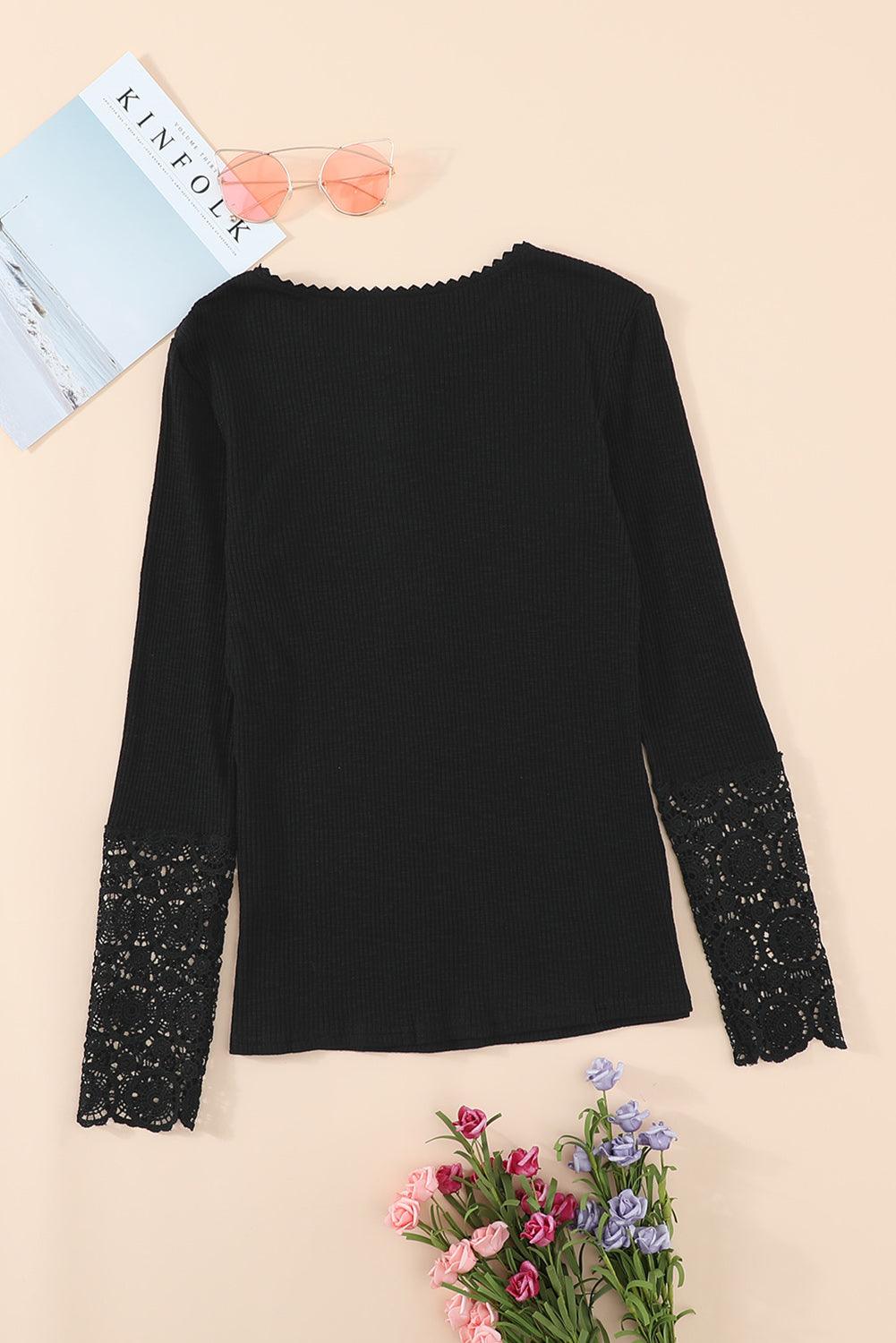 Black Crochet Lace Hem Sleeve Button Top - L & M Kee, LLC