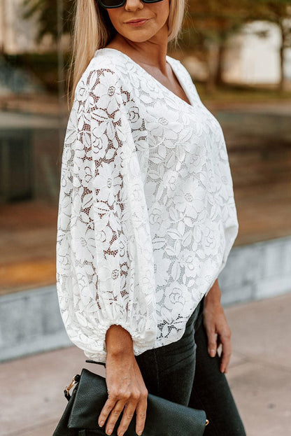 Floral Lace Crochet Loose Fit V Neck Top - L & M Kee, LLC