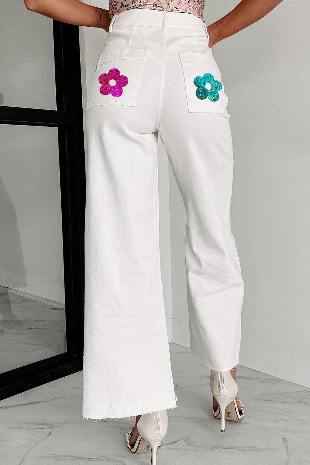 White High Rise Colorful Sequined Flower Flare Jeans - L & M Kee, LLC