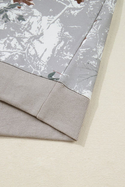 Gray Maple Leaf Camo Print Varsity Striped Sleeve Casual Sweatshirt