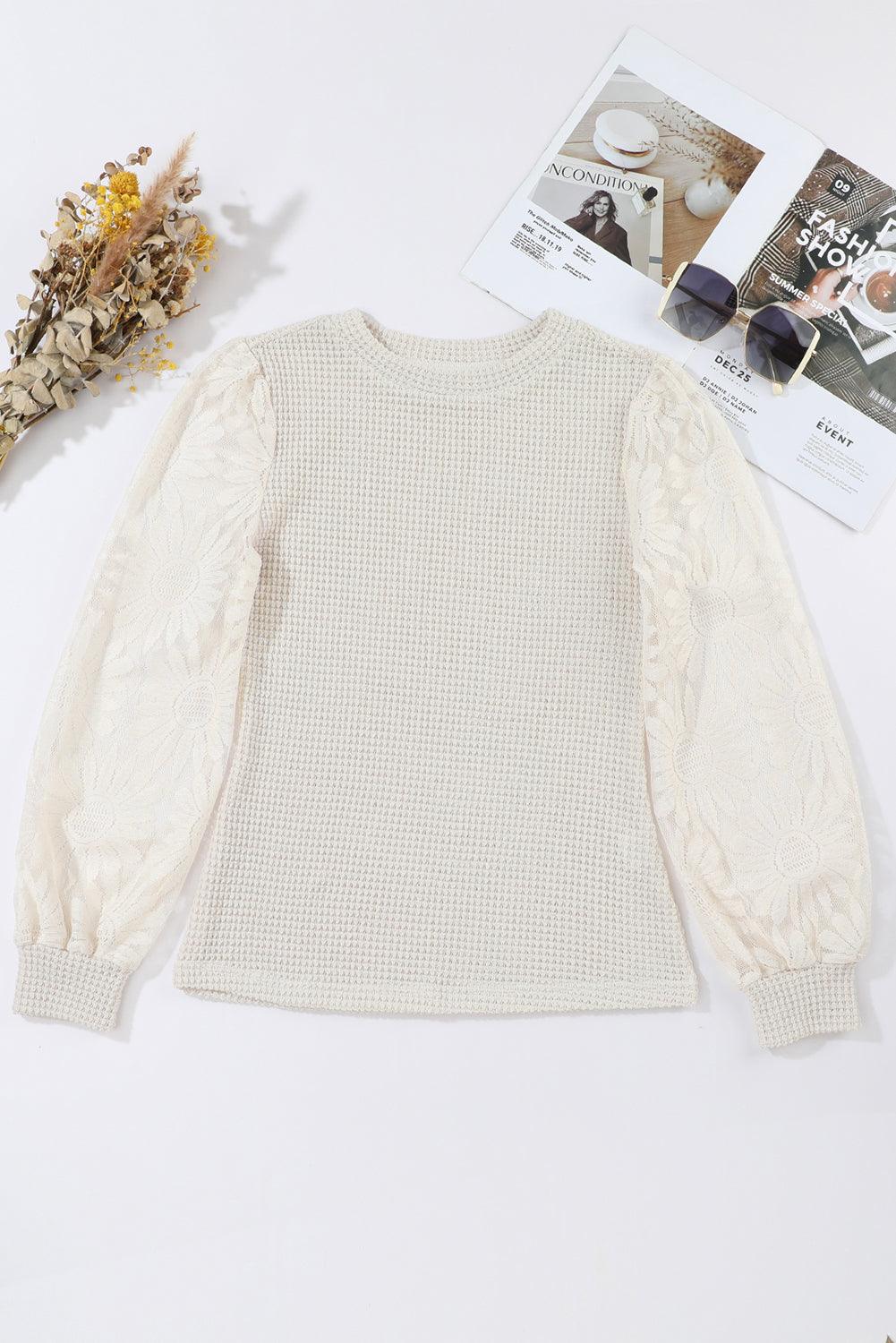 Beige Sunflower Mesh Bubble Sleeve Waffle Knit Top - L & M Kee, LLC