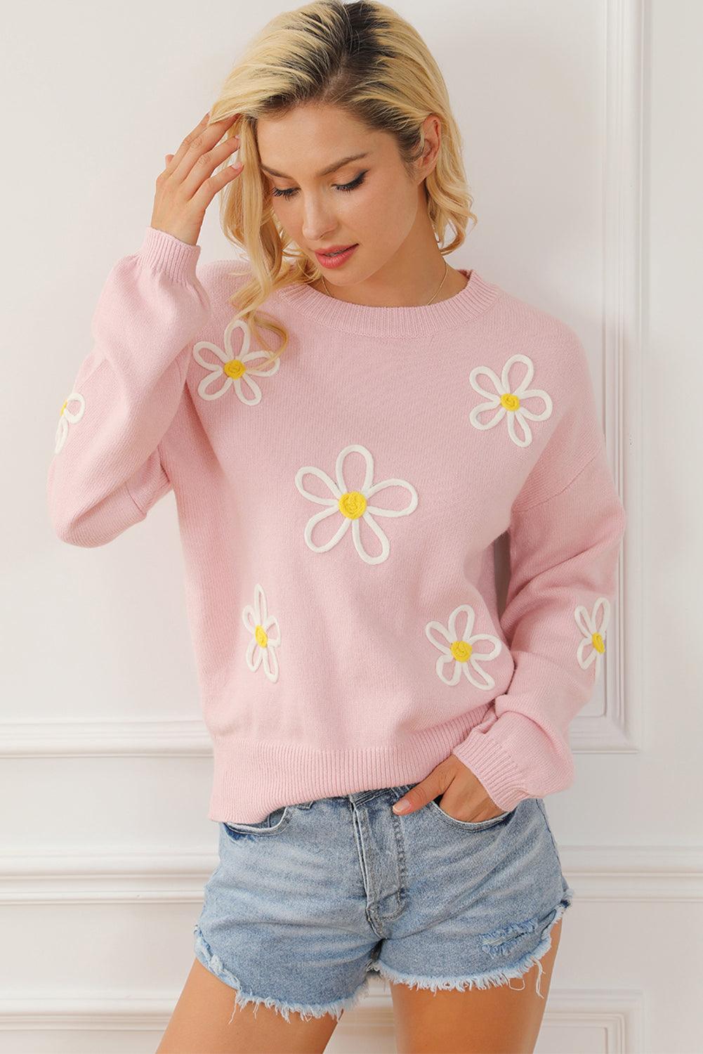 Pink Chenille Daisy Stitching Crew Neck Sweater - L & M Kee, LLC