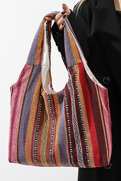 Fiery Red Multiple Ethnic Stripes Print Canvas Tote Bag