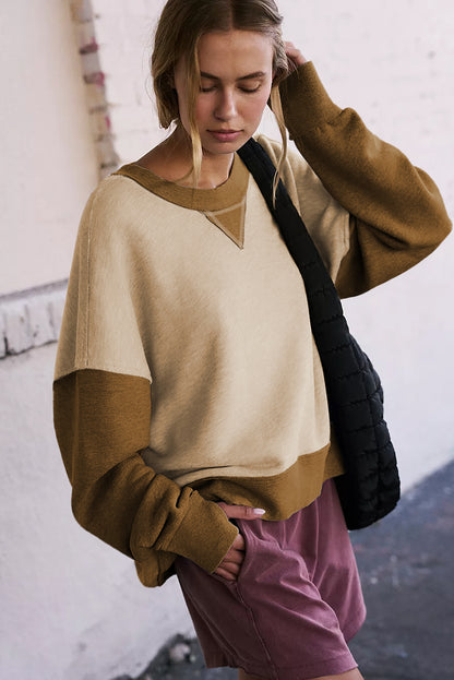 Parchment Color Block Thumbhole Sleeve Drop Shoulder Sweatshirt