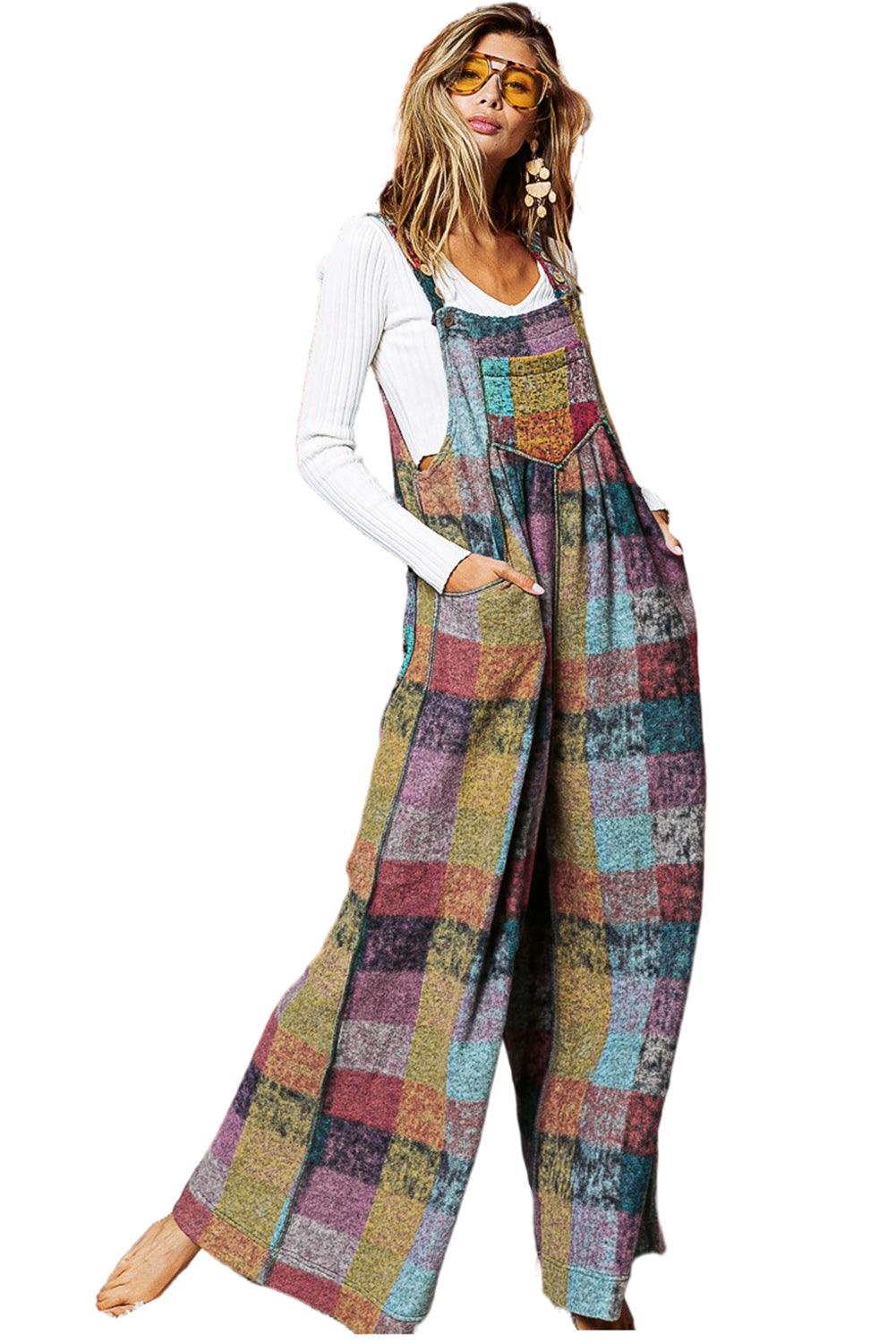 Multicolour Brushed Checkered Wide Leg Overalls - L & M Kee, LLC