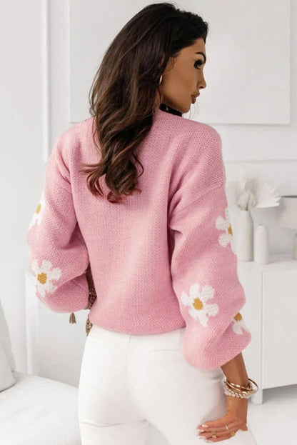 Pink Floral Pattern Drop Shoulder Sweater - L & M Kee, LLC