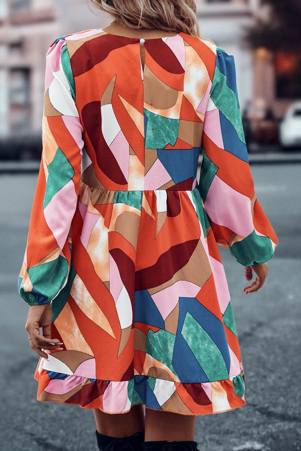 Multicolor Geometric Print Long Sleeve Ruffle Babydoll Dress - L & M Kee, LLC