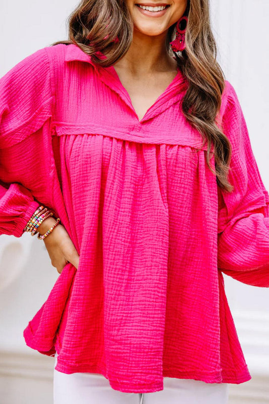 Rose Crinkle Collared V-Neck Bubble Sleeve Flowy Blouse - L & M Kee, LLC