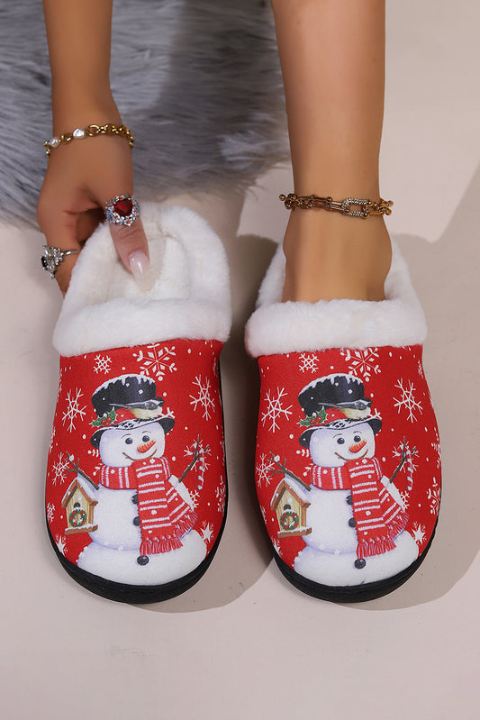 Fiery Red Christmas Snowman Print Plush Home Slippers