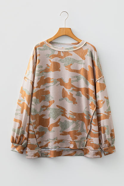 Brown Retro Camouflage Print Exposed Seam Patchwork Drop Shoulder Sweatshirt