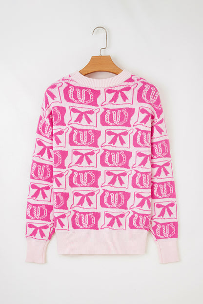 Pink Bows & Horseshoes Pattern Western Fashion Print Sweater