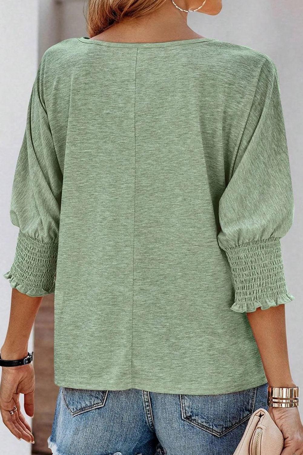 Green Smocked 3/4 Sleeve Casual Loose Top - L & M Kee, LLC