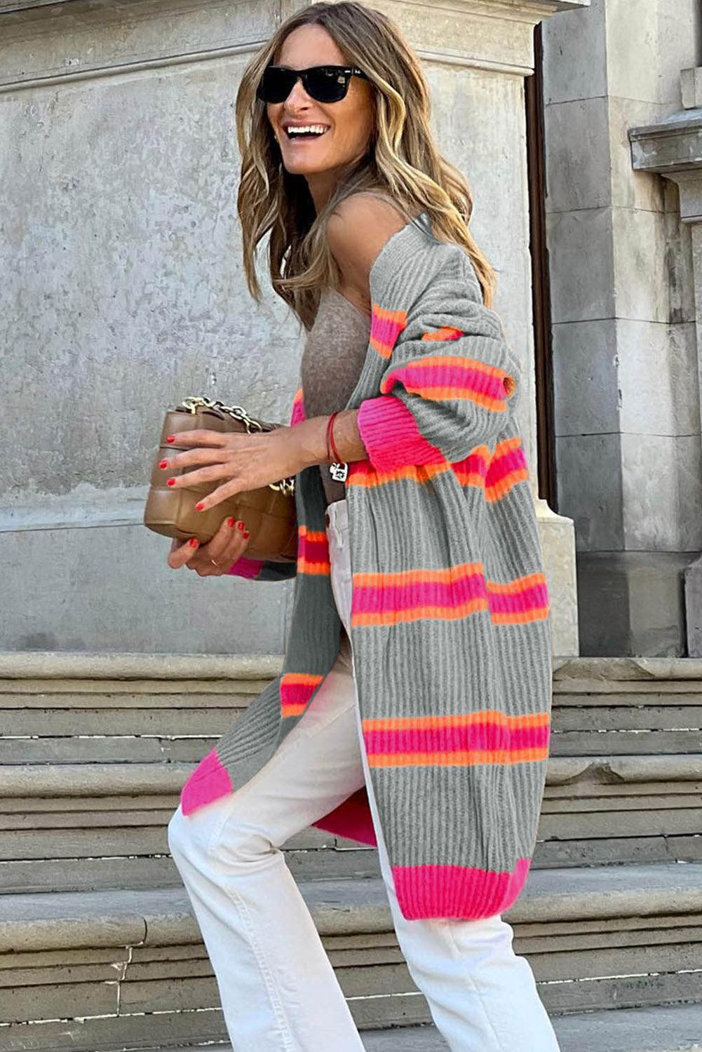 Stripe Printed Ribbed Long Knitted Cardigan - L & M Kee, LLC