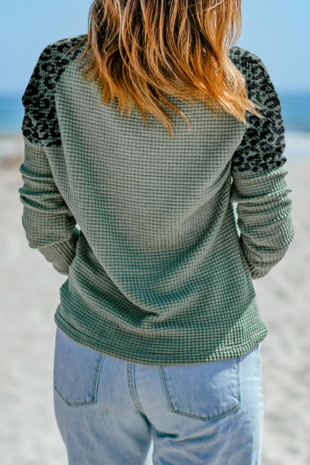 Green Leopard Waffle Knit Buttoned V Neck Blouse - L & M Kee, LLC