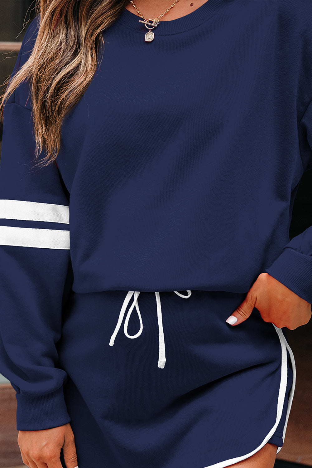 Navy Blue Varsity Stripe Detail Drop Shoulder Pullover Mini Skirt Set