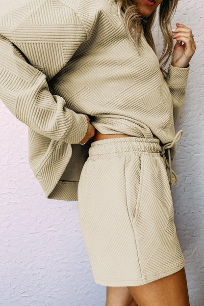 Apricot Textured Long Sleeve Top and Drawstring Shorts Set - L & M Kee, LLC